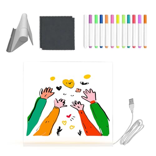 Mbiyhgta Tableta de notas LED | Tableta acrílica transparente – con bolígrafos de 12 colores y soporte plegable con luz de borrado en – para jóvenes, niñas, niños, suministros de arte, aula