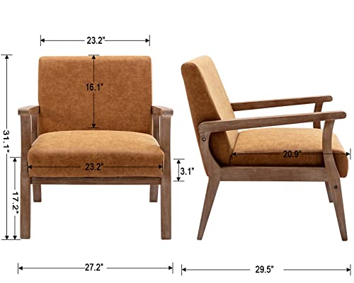 Cimota Mid Century Modern Accent Chair Leather Armchair Comfy Living Room Chair With Wood Frame, Upholstered Reading Arm Chair For Bedroom/Living Room/Guest Room, Retro Tan Pu #TOP3