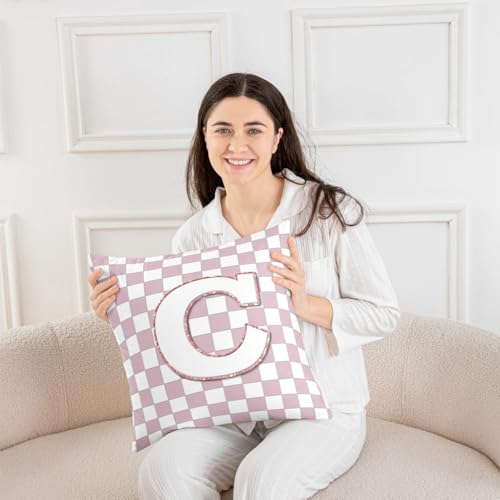 Image of Erosebridal Pink Initial C Throw Pillow Covers 24x24 Set of 2 Kawaii Plaid Checkered Cushion Cover Cute Personalized Monogram Throw Pillow Case for Bed Couch Sofa Fashion Grids Gingham Home Decor