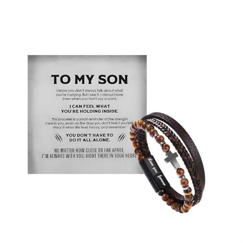 The Guardian - Son's Tiger Eye Protection Bracelet From Mom, Black Braided Leather natural stone Inspirational Bracelets Engraved Love You Forever Birthday Gift Jewelry