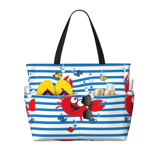 Red Funny Crab On Blue Stripe For Beach Bag For Women Large Beach Tote Bag Waterproof Sandproof Swim Bag With Zipper Pockets Beach Vacation Travel