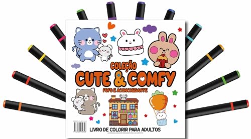 Cute & Comfy Coloring Book for Adults Edição 5 – Bold Easy – Livro de Colorir Adulto + 12 Canetas: