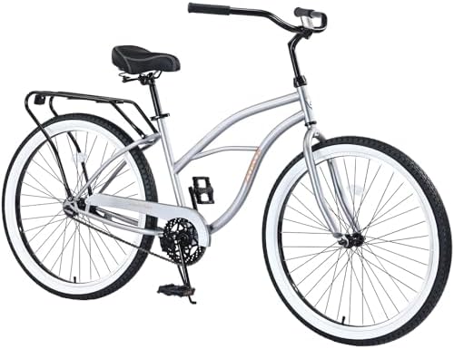 KIAPALNO 26 Inch Beach Cruiser Bike for Men, Single Speed Bicycles with Steel Frame, Wide Wheels and Rear Coaster Brakes, Commuter City Bike for Adults, Silver
