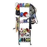 ORGDESIGN Garage Sports Equipment Organizer, Ball Storage Outdoor Toy Storage, 5 Layers Sports Outdoor Rack Nerf Gun Rack Basketball Rack for Balls with Holder and Hooks.