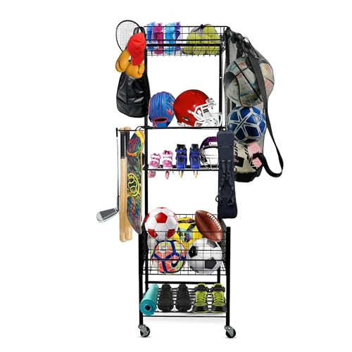 ORGDESIGN Garage Sports Equipment Organizer, Ball Storage Outdoor Toy Storage, 5 Layers Sports Outdoor Rack Nerf Gun Rack Basketball Rack for Balls with Holder and Hooks.
