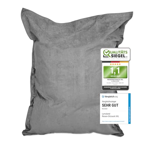 Lumaland Riesen-Sitzsack XXL 140x180cm | Indoor Bean Bag aus weichem & waschbarem Microvelours | 2-in-1- für bequemes Sitzen & Liegen | Mit über 3 Mio. anpassungsfähigen EPS-Perlen [Grau]