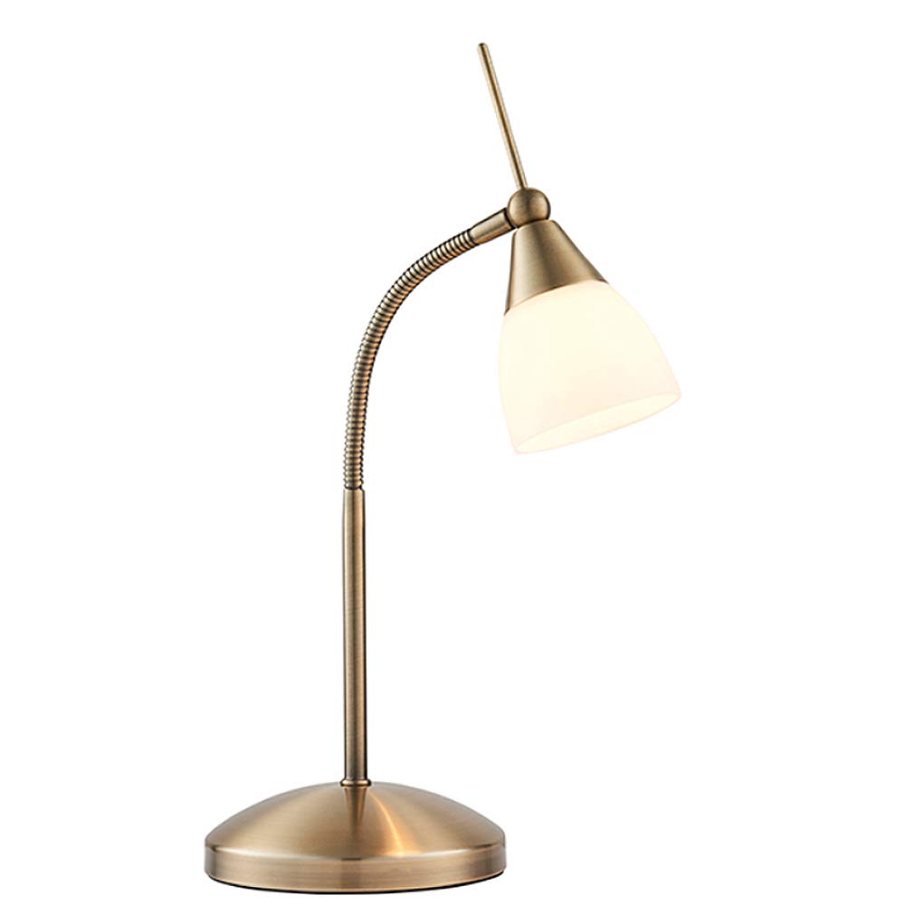 Endon Range Modern Antique Brass Touch Dimmer Bedside Table Lamp with Opal Glass Cylinder Light Shade - Gooseneck Dimmable Touch Sensitive Control Reading Lamp for Office, Home, Study, Work