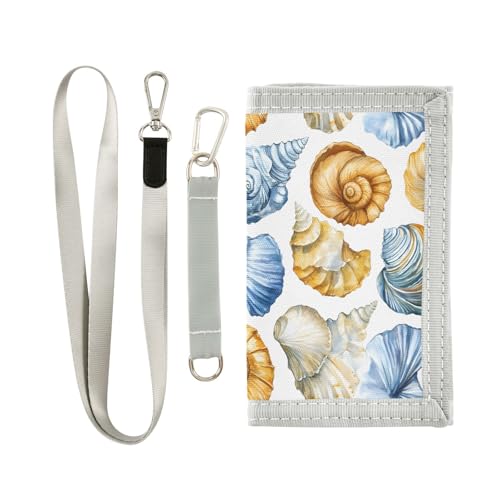 FOLIOSA Kids Wallet for Boys Girls Watercolor Seashells Print Youth Wallet with Zipper Pocket Card Holders, Novelty Wallet 4.9×2.9 in