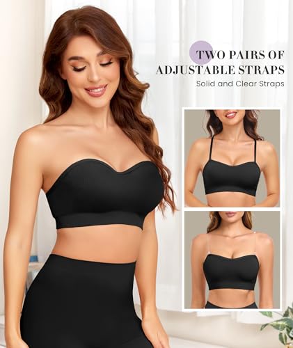 Strapless Bras for Women Padded Wireless Bandeau Bra with Clear and Fabric Straps Non-Slip Grip Tube Top Bralette3