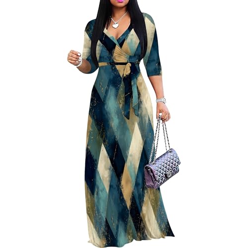 Image of Plus Size Dresses for Women Print Maxi Dresses 3 /4 Sleeve with Belt