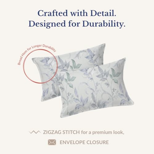 Image of Jaipur Weaves Queen Size Fitted Bedsheet Cotton with Elastic, 100% Pure Cotton Double Bed Fitted Sheet with 2 Pillow Covers, 240 TC, 60x78 Inches up to 8-inch Mattress, Floral Design - (Green Floral)