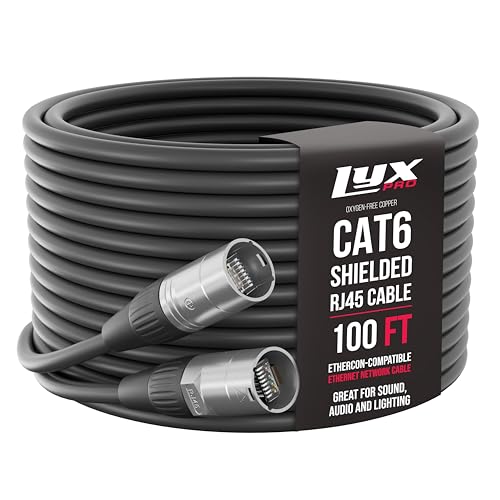 LyxPro 100 Feet Shielded CAT6 Ethercon Cable - Professional Audio & Lighting RJ45 Cable Studio-Grade Sound Transmission Extreme Durability - Black