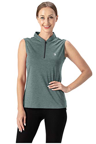 Ysento Women's Dry Fit Tennis Golf Shirts 1/4 Zip Sleeveless Collarless Upf 50+ Yoga Gym Workout Tops Shirts Blue Size M #TOP4