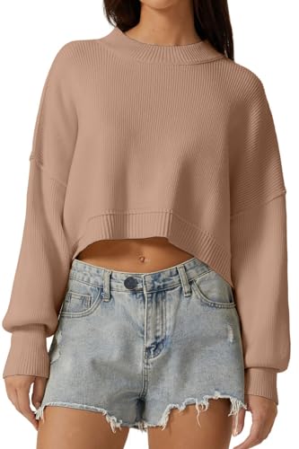 QINSEN Women's Mock Neck Cropped Sweater Long Sleeve Drop Shouler Oversized Knit Pullover Tops