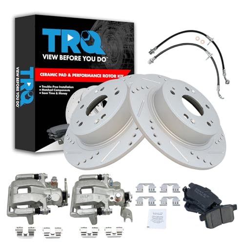 Image of TRQ Performance Rear Brake Pad and Rotor Set Ceramic Drilled Slotted Coated