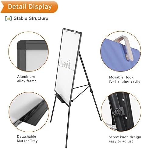 VIZ-PRO Magnetic Whiteboard Easel Black, 90 x 60 cm, Portable Dry Erase Board Height Adjustable for School Office and Home