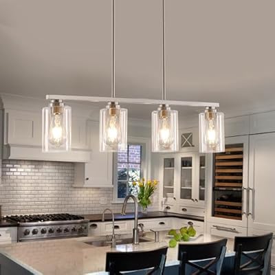 Mecgirn Island Light for Kitchen, Brushed Nickel Dining Room Light Fixture Over Table, 4-Light Linear Chandelier Pendant Lighting for Dining Table Kitchen Island Living Room