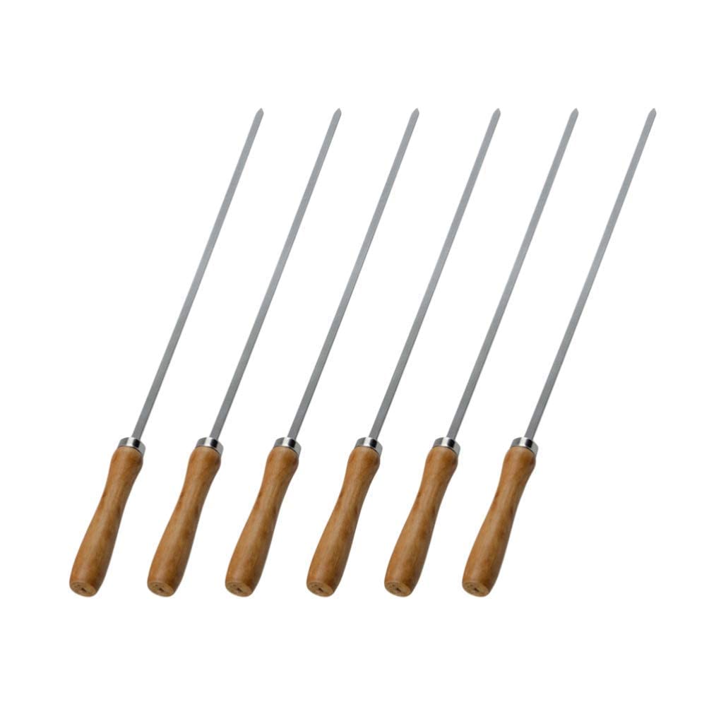 GTHTUHFD 6Pcs Wooden Handle Barbecue Skewer Stainless Steel Kebab Skewers Flat Metal Sticks Grilling Skewers Campfire Roasting Fork For Home Outdoor