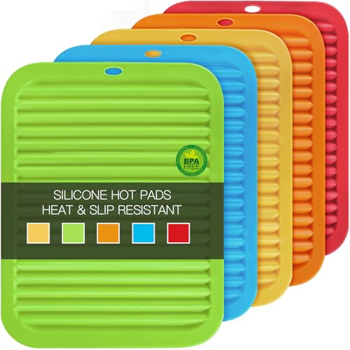Image of 5 Pack Silicone Trivets for Hot Pots and Pans, 9 * 12Inch SiliconeTrivet for HotDishes, Colorful Heat Resistant Silicone Mat, Non-Slip Hot Pads Pot Holders for Kitchen Counter Hot Plate Mat