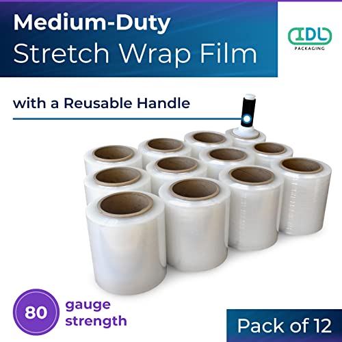 Idl Packaging 5" X 1000' Stretch Wrap Mini Roll Of 80 Gauge (Pack Of 12 Rolls) With Plastic Reusable Handle - Extra Sticky Clear Stretch Wrap Film - Tear-Resistant Plastic Wrap For Moving #TOP1