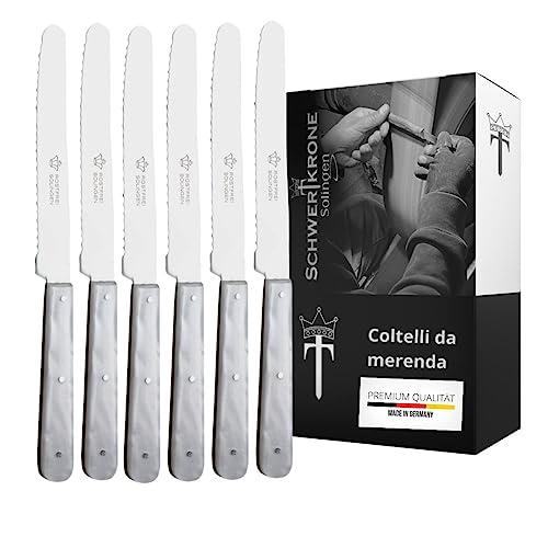 Schwertkrone Solingen Set di 6 Coltelli da Tavola - in Imitazione Madreperla - Set di Posate Pregiate - Coltelli da Tavola Seghettati - Germania