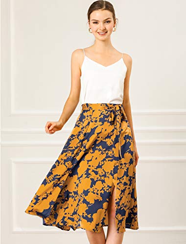 Allegra K Women's Slits Front High Waist A-Line Belted Floral Flowy Midi Skirt2
