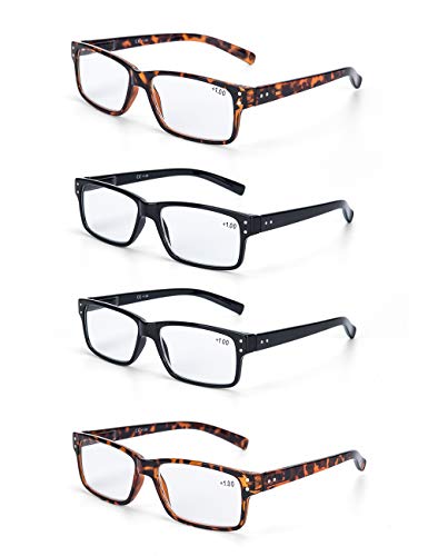 LANLANG Paquete de 4 gafas de lectura para hombre mujer, Bisagra de resorte, Gafas presbicia, Lentes, +1.0 Dioptrías