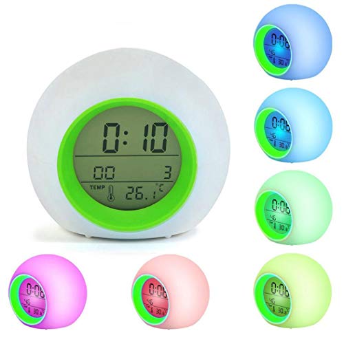 Gamloious Multifunctional Kids Children Alarm Clocks Color Changing LED Light Wake Up Clock Thermometer Snooze Function Digital Desk Clock green