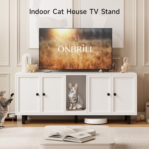 Image of ONBRILL 59 Inches Cat Litter Box Enclosure for 2 Cats, Hidden Litter Boxes Furniture with Cat Scratch Pad, Large Indoor Pet House with Double Room, Wooden TV Stand Side Table, Off White