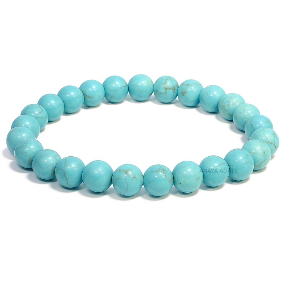 Stabilized Turquoise Bracelet, Natural Healing Crystal Bracelet for Women and Men, 8mm Round Beaded Bracelet for Spiritual, Protection, Positive Energy, Elastic Adjustable Size Gemstone Bead Bracelet