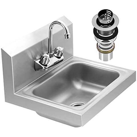 BIEAMA Stainless Steel Hand Sink, NSF Wall Mount Commercial Hand Washing Sink with Strainer and Faucet, for Home, Stores, Restaurants, Bars,17”x 15" Cover