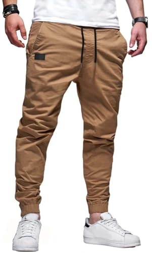 PADOLA Pantalones para Hombre Pants de Trabajo Casual Elásticos Jogging Pantalón Algodón Ajuste Delgado con Bolsillos Cargo Trousers(L,Marrón)
