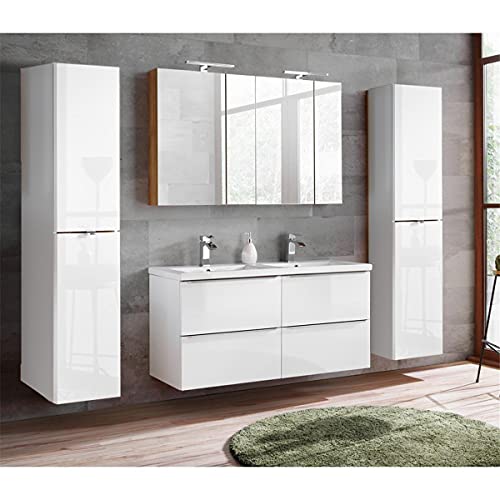 Lomadox Komplett Badmöbel Set mit Doppel-Waschtisch inkl. Keramikbecken 121cm, Hochglanz weiß & Wotaneiche, inkl. LED-Spiegelschrank