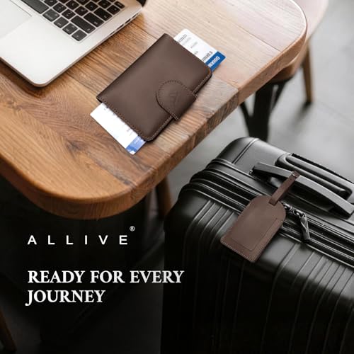 Image of ALLIVE Genuine Leather Passport Holder for Travel with Hidden AirTag Pocket, RFID Blocking Passport Travel Wallet with Luggage Tag & Premium Gift Box, Holiday Gift for Women and Men (Coffee Brown)