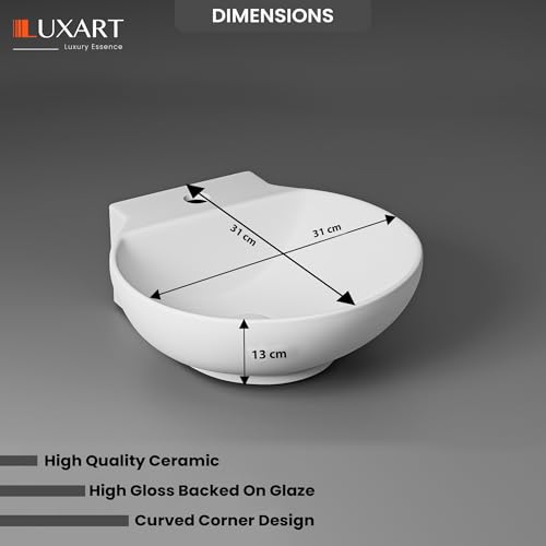 Image of LUXART Tabletop Wash Basin For Bathroom - 12 x 12 x 5 Inc Ceramic Glossy White Wall Hung & Countertop Washbasin | Vessel Sink For Hotel, Dining Hall, Vanity | Over counter Top Washroom Sink