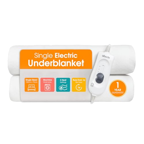Abode Single Electric Blanket 60W White Heater with 3 Heat Settings Preheat Function & Detachable Controls 1.4m Power Cord & Machine Washable AESB1001 (Single)