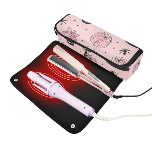 Bolsa de viaje GuoChe para herramientas de cabello con tapete resistente al calor desmontable con calaveras y calabazas miniatura 2