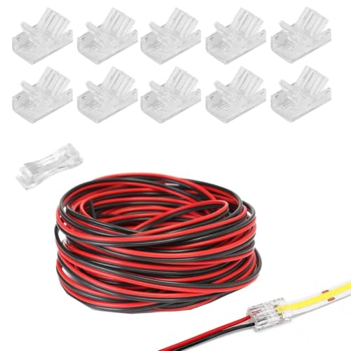 KOOLEVER 10Pcs 2 Pin 8mm COB LED Strip Connectors with 5m/16.4ft Extension Cable LED Light Connectors Kit for Waterproof Strip Lights Quick Connection