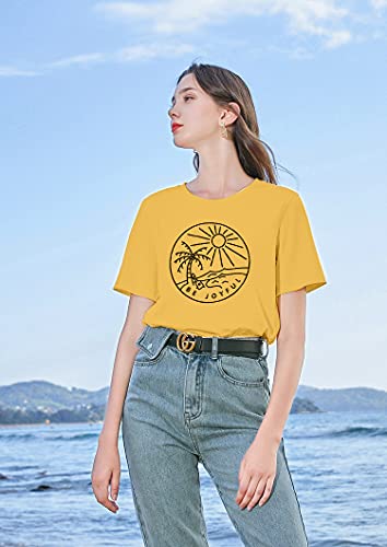 Be Joyful Sunshine T-Shirt Women Beach Coconut Trees Graphic Shirt Spring Vacation Tee Tops (Yellow, Large) #TOP3