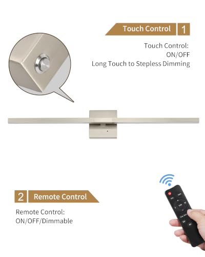 Image of Rayogale Nickel Battery Operated Wall Sconces Set of 2, 24 Inch | 3000 /4500 /6000K Dimmable 8000mAh Wireless Rechargeable Wall Sconces with Remote Control, Timer for Living Room, Bedroom