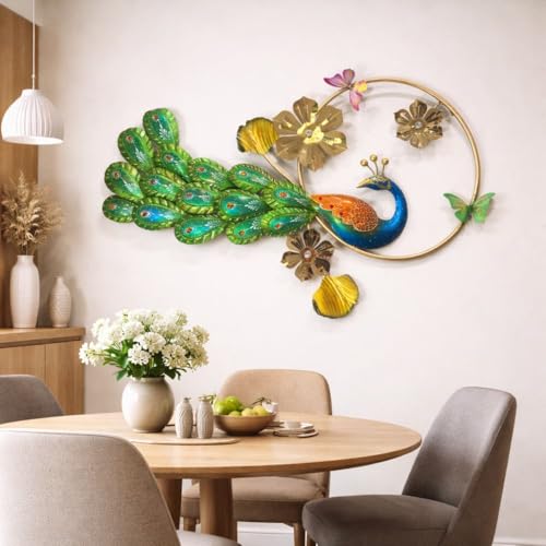 Image of Home And Crafts Iron Multicolor Peacock Metal Wall Art Decor Handcrafted Wall Mounted Sculpture Showpiece Perfect for Living Room Bedroom Kitchen Office (Size 41x25 Inch)