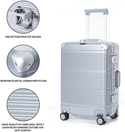 GinzaTravel Suitcase Small Size Aluminium Frame Carry on PC Hard Shell Lightweight Suitcases with Double TSA Locks Cup Holder Hand Luggage for Travel Silver