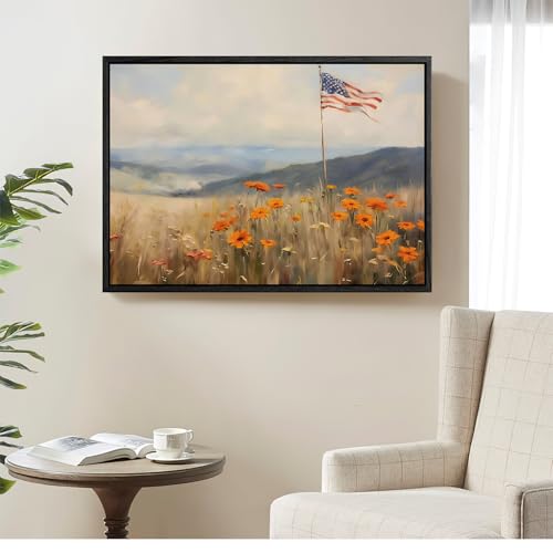 Image of American Flag Framed Canvas Wall Art, 4th of July Floral Canvas Prints, Wildflower Meadow Landscape Patriotic Decorations, Vintage Rustic Independence Day Wall Decor for Bedroom Living Room 8x10
