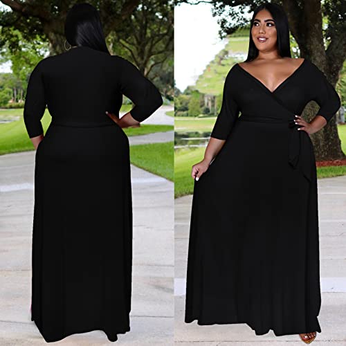 Runwind Plus Size Dresses for Women Floral Maxi Dress Flowy 3/4 Sleeve with Belt4
