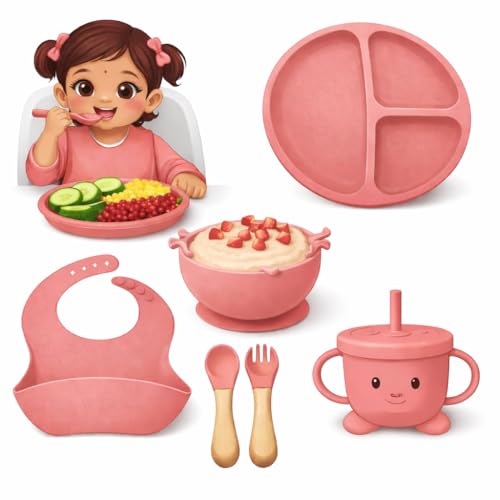 Image of SJC Global Silicone Baby Feeding Set Pink - 6 PCS Plate, Bowl, Spoon, Fork, Bib & Cup | Food‑Grade Silicone Tableware for Babies & Toddlers