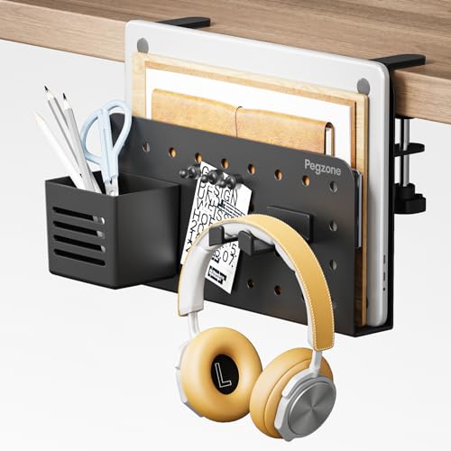 Image of PEGZONE Desk Side Storage Organizer, No Drill Under Desk Laptop Holder, Clamp on Desks Shelf with Pegboard Accessories, Hanging Laptop Mount, Fits Flat Edge 0.4 inch to 2.2 inch, Black | No Drill Under Desk Laptop Holder, Clamp on Desks Shelf with Pegboard Accessories, Hanging Laptop Mount