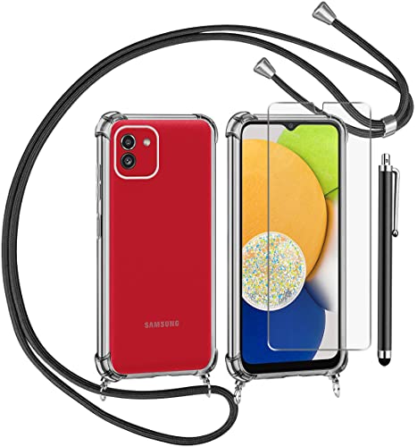 Funda con Cuerda para Samsung Galaxy A03 y Cristal Templado Protector de Pantalla,Transparente Suave Silicona Carcasa, Ajustable Cordon Collar Colgante Antigolpes Case, Negra Cover