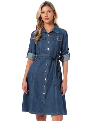Image of Allegra K Denim Dress for Women's Long Sleeve Button Down A-Line Belted Classic Jean Dresses