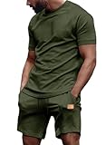 JMIERR 2 Piece Outfits Sets for Men Pajama Sets T Shirts and Shorts Matching Lounge Set Sleepwear Loungewear Sweatsuit, L, Green 2
