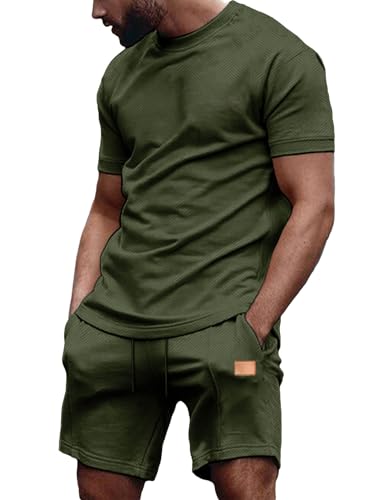 JMIERR 2 Piece Outfits Sets for Men Pajama Sets T Shirts and Shorts Matching Lounge Set Sleepwear Loungewear Sweatsuit L Green 2